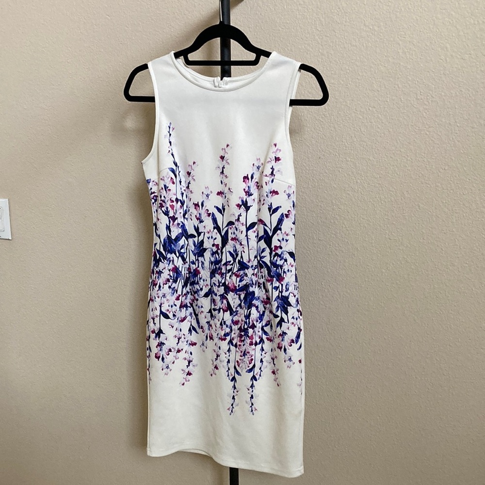 Floral White and Blue Sleeveless Dress